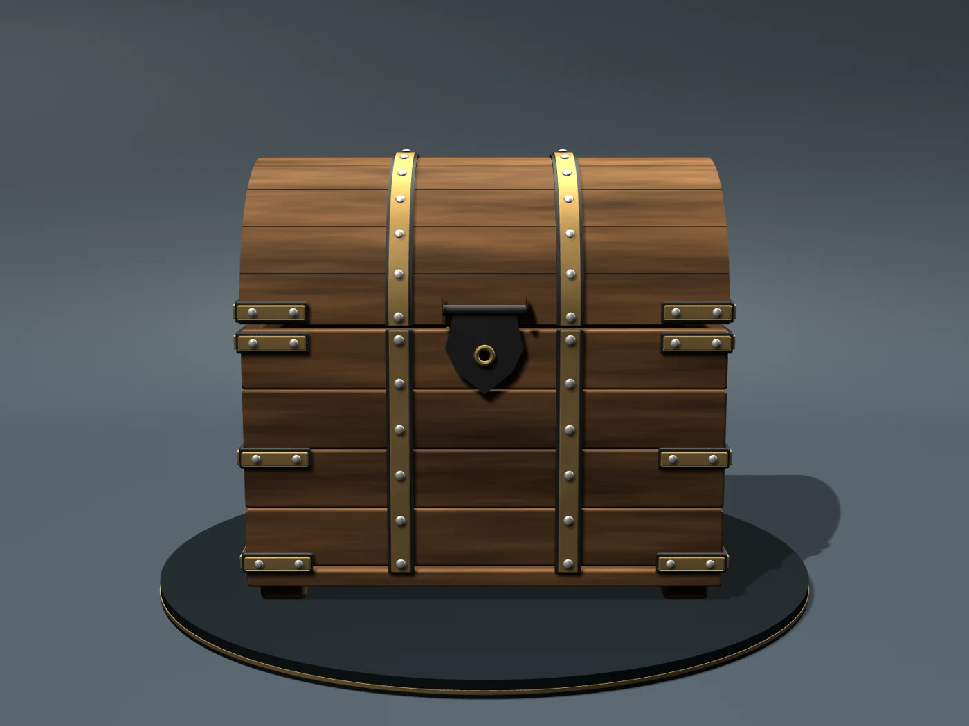 Front view of the chest showing the shield-shaped hasp, brass bands, and corner braces