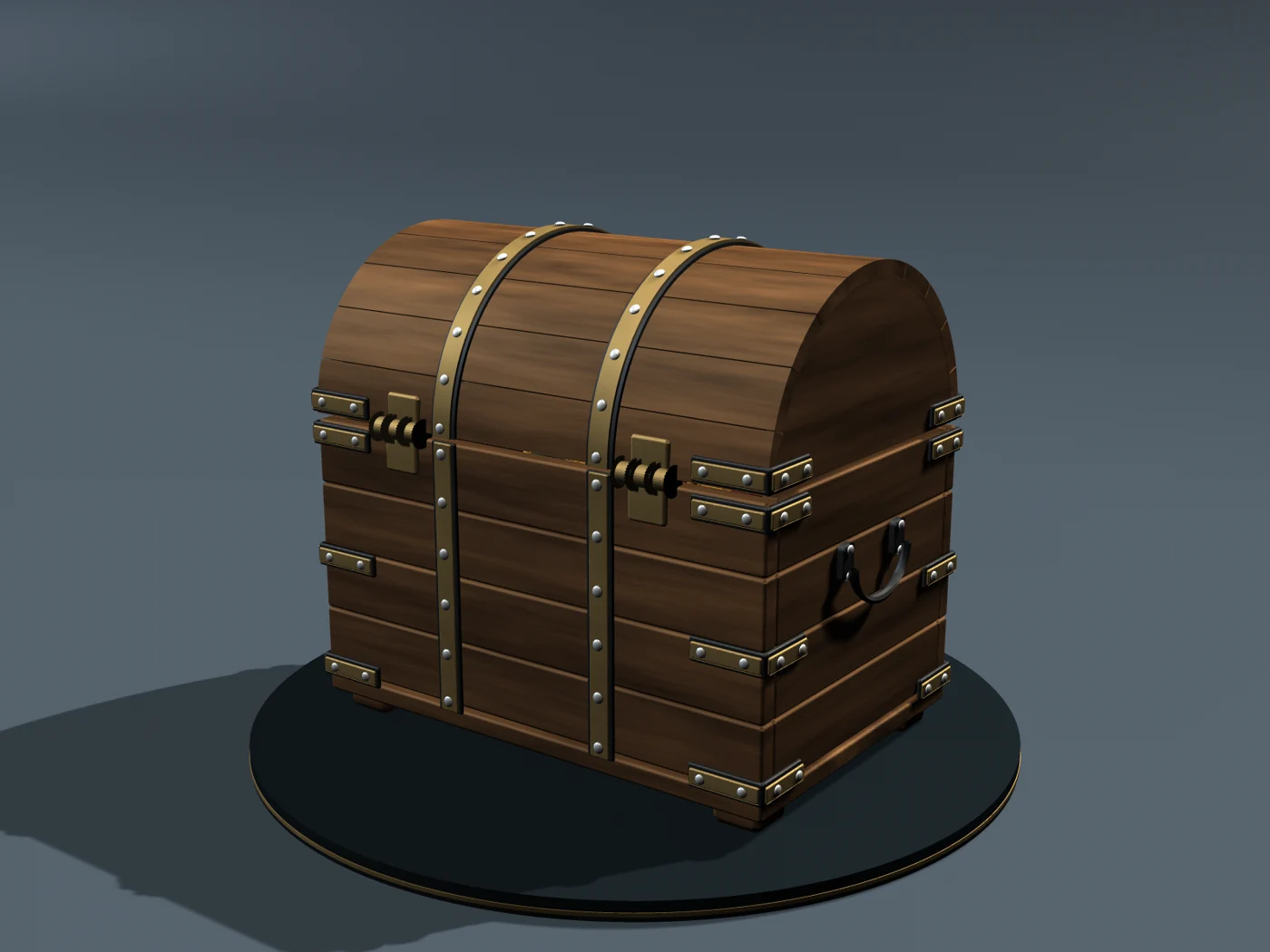 Rear view of the chest with hinge pins, brass hinge plates, and a side carrying handle
