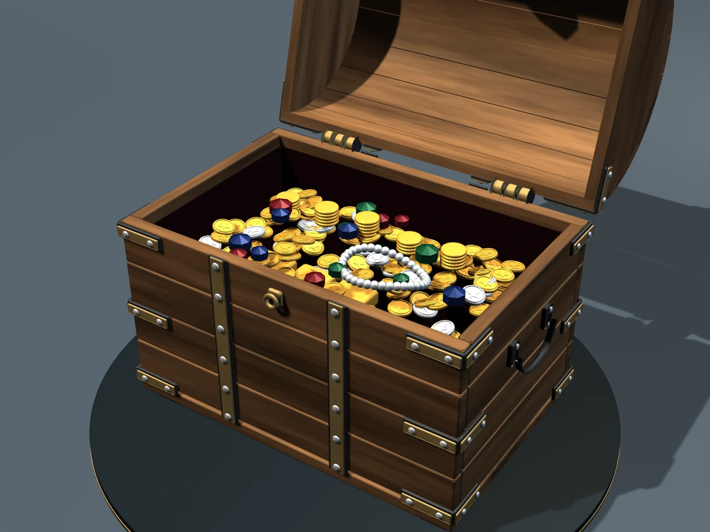 Elevated view into the open chest with raised-rim coins, stacked coins, cut gemstones, and pearls